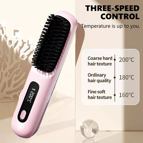 Pink Hair Straightener Brush Travel Mini Rechargeable Hair Styler Fast Heating