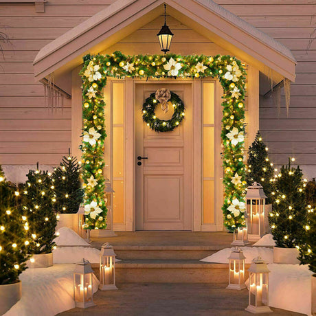 Gloden 9FT Xmas Christmas Garland Artificial Wreath with LED Lights Stairs Home Rattan