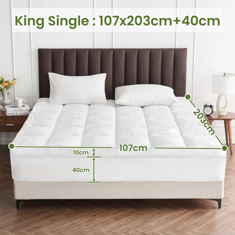 1500GSM Bamboo Mattress Topper Extra Thick 10CM Bed Topper King Single: 107 x 203 + 40 cm
