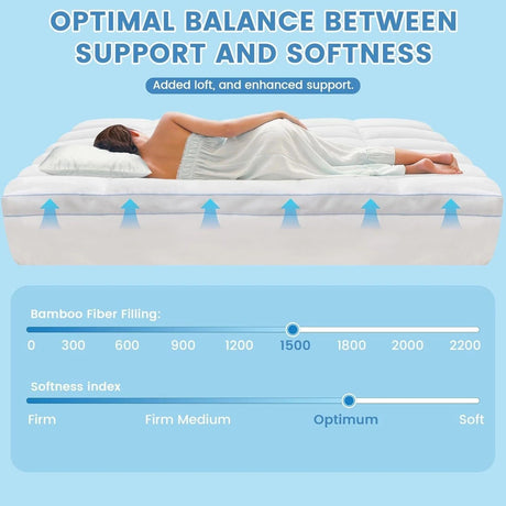 1500GSM Bamboo Mattress Topper Extra Thick 10CM Bed Topper Queen: 152 x 203 + 40 cm