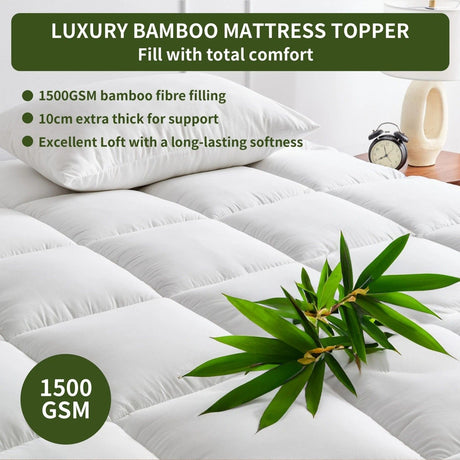 1500GSM Bamboo Mattress Topper Extra Thick 10CM Bed Topper Queen: 152 x 203 + 40 cm