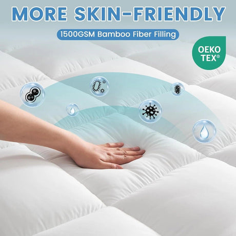 1500GSM Bamboo Mattress Topper Extra Thick 10CM Bed Topper Queen: 152 x 203 + 40 cm