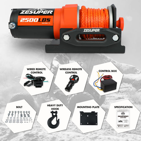 2500LBS Electric Winch Wireless Remote Synthetic Rope Wireless Remote ATV UTV BOAT