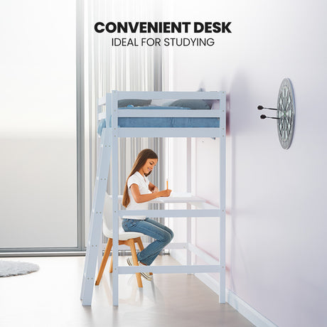 KINGSTON SLUMBER Wooden Kids Single Loft Bed Frame with Desk - White