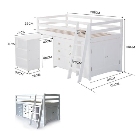 KINGSTON SLUMBER Wooden Kids Single Loft Bed Frame with Pull Out Desk, Storage Drawers, Cabinet - White