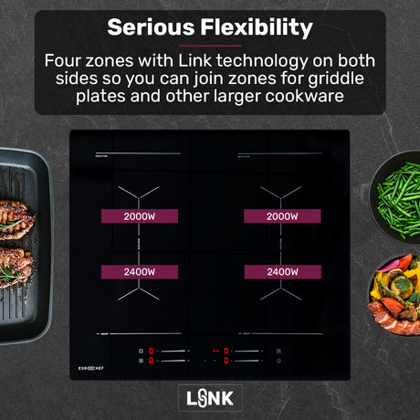 EuroChef 60cm 4 Zone Induction Cooktop, 7200W Electric, Dual Link Bridged Zone Hobs, Touch Controls