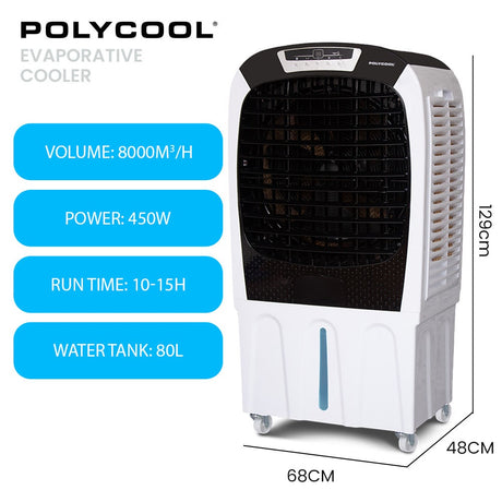 POLYCOOL 450W 80L Evaporative Air Cooler, Commercial Grade, Remote Control, Fan