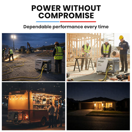GENPOWER 6.5kW Peak 5kW Rated Diesel Inverter Commercial Generator, Electric Key Start, 2 x 15A, RCD Safety Switch, Wheels, Worksite, Home Backup
