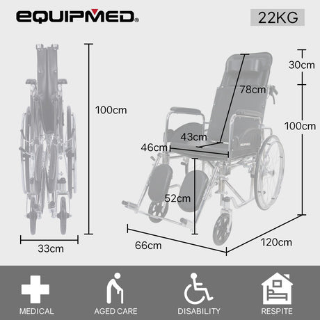 Equipmed Folding Manual Reclining Wheelchair Self Propelled, 24