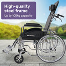 Equipmed Folding Manual Reclining Wheelchair Self Propelled, 24" Rear Wheels, Chrome Steel Frame, 46cm Wide Seat, 100kg Capacity, Park Brakes