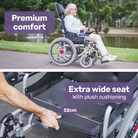 EQUIPMED Power Electric Wheelchair, Wide Bariatric Chair, Comfortable for S-XL, Long Range, Recline Adjustment, Lithium Battery, 22'' Wheels, Headrest, Folding