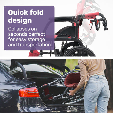 Equipmed Folding Transit Wheelchair, Lightweight Aluminium for Easy Transport, Crimson Red