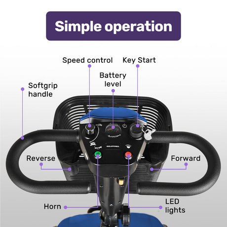 EQUIPMED FreeLite+ Mid-Sized Electric Foldable Mobility Scooter, Lithium Battery, Long Range and Easy Charging, Blue