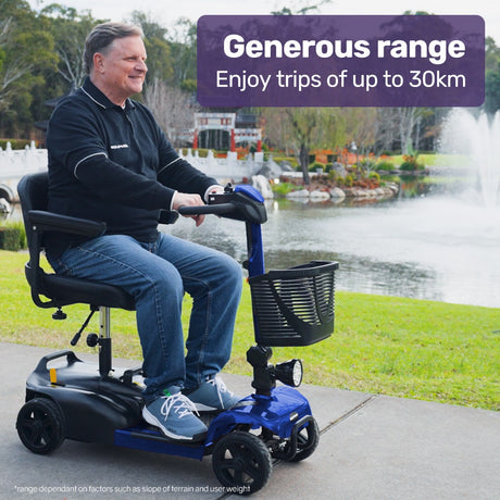 EQUIPMED FreeLite+ Mid-Sized Electric Foldable Mobility Scooter, Lithium Battery, Long Range and Easy Charging, Blue