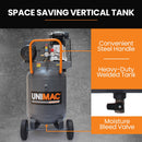 Unimac 100L 2.6kW Industrial Air Compressor, 370L/min 116PSI, Brushless Motor, Long Service Life, Certified Vertical Tank, 15A Plug