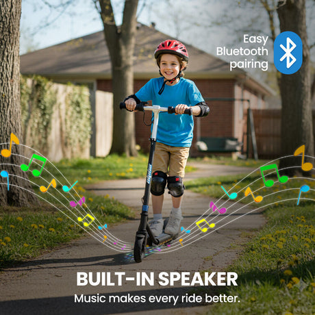 ALPHA Edge Electric Scooter Kids/Teens, 16km/h Max, Adjustable Height, UL Certified, AU Compliant, Dual Brakes, Bluetooth Music, LED, Blue