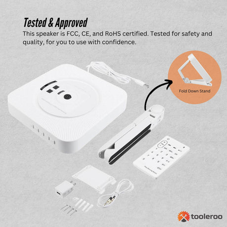 Tooleroo Wall Mountable CD Player Speaker - Bluetooth HiFi FM Radio White