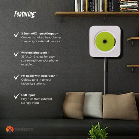 Tooleroo Wall Mountable CD Player Speaker - Bluetooth HiFi FM Radio White