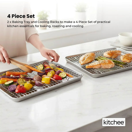 Kitchee 40.5x30.5cm Oven Baking Tray + Cooling Rack 4 Piece Stainless Steel Set