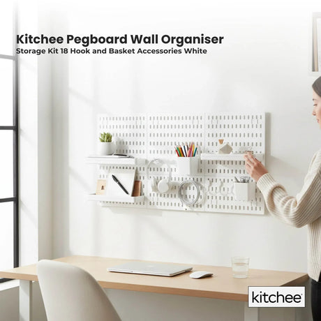 Kitchee Pegboard Wall Organiser Storage Kit 18 Hook and Basket Accessories White