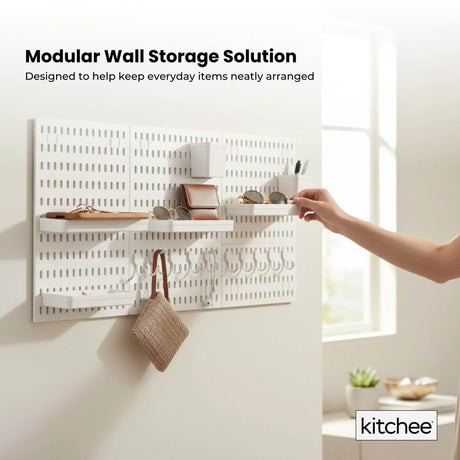 Kitchee Pegboard Wall Organiser Storage Kit 18 Hook and Basket Accessories White