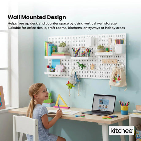 Kitchee Pegboard Wall Organiser Storage Kit 18 Hook and Basket Accessories White