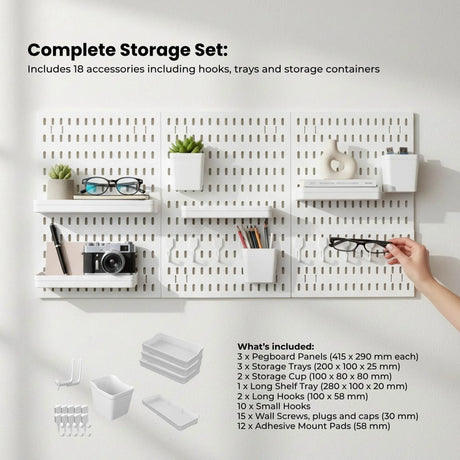 Kitchee Pegboard Wall Organiser Storage Kit 18 Hook and Basket Accessories White