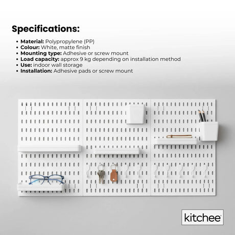 Kitchee Pegboard Wall Organiser Storage Kit 18 Hook and Basket Accessories White