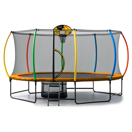 Kahuna 10 ft x 15 ft Oval Outdoor Trampoline w/ Basketball Set Reversible Rainbow & Orange Safety Pad Safety Net Ladder