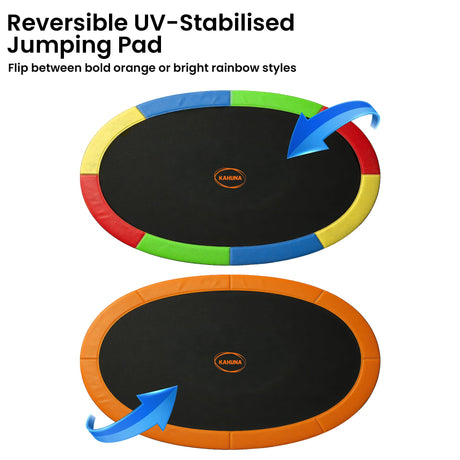 Kahuna 10 ft x 15 ft Oval Outdoor Trampoline L.E.D. Basketball Set Reversible Rainbow & Orange Safety Pad Safety Net Ladder