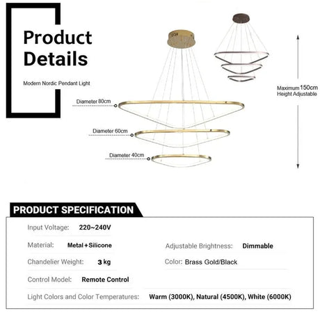 BAMDECOR AD2583 Modern Triangular LED Chandelier (Three Rings-Gold