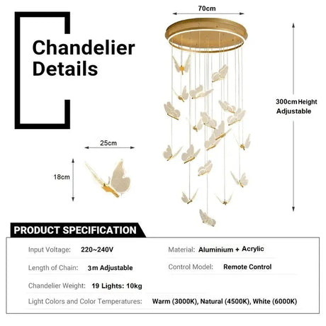BAMDECOR LT05 19 Nordic Butterfly Luxury Chandeliers Pendant Lights for Villa Stair Home Decoration Modern Style Exquisite Chandelier (Gold)