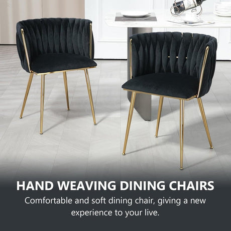 SERENITà Black Modern Hand Weaving Dining Chairs,Velvet Upholstered Side Chairs with Gold Legs, Chic Vanity Chairs with Armrest, Accent Chair for Dining Room, and Cafe Set of 2