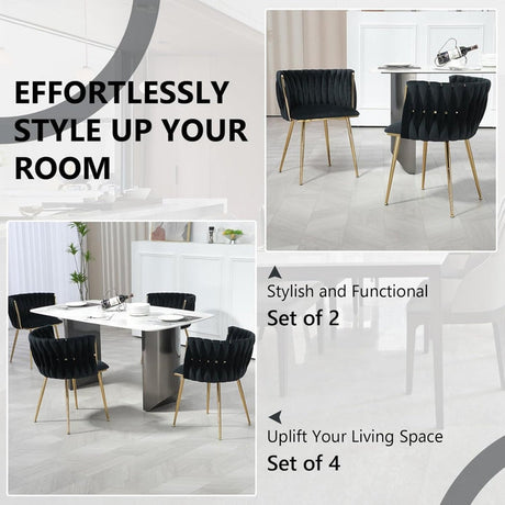 SERENITà Black Modern Hand Weaving Dining Chairs,Velvet Upholstered Side Chairs with Gold Legs, Chic Vanity Chairs with Armrest, Accent Chair for Dining Room, and Cafe Set of 2