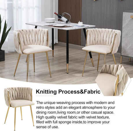 SERENITà Ivory Modern Hand Weaving Dining Chairs,Velvet Upholstered Side Chairs with Gold Legs, Chic Vanity Chairs with Armrest, Accent Chair for Dining Room, and Cafe Set of 2