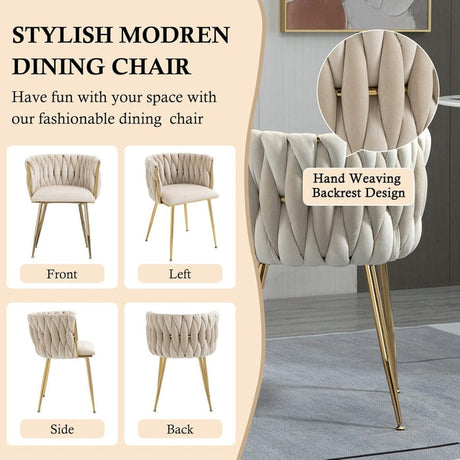 SERENITà Ivory Modern Hand Weaving Dining Chairs,Velvet Upholstered Side Chairs with Gold Legs, Chic Vanity Chairs with Armrest, Accent Chair for Dining Room, and Cafe Set of 2