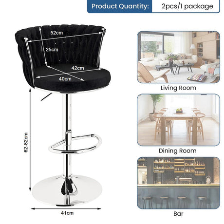 SERENITà Modern Silver Swivel Upholstered Velvet Adjustable Height Counter Stool with Metal Frame Black (Set of 2)