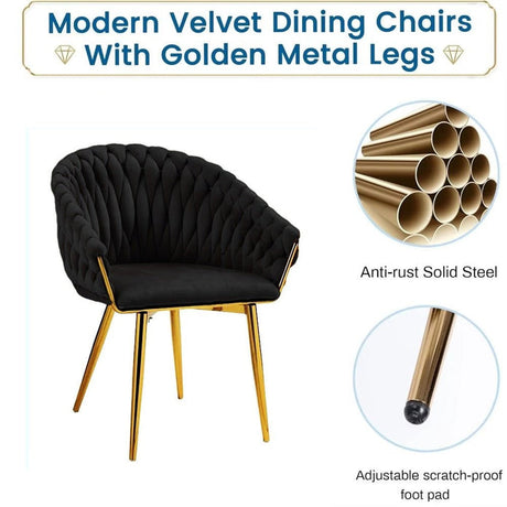 SERENITà Black Modern Velvet Dining Chairs, Upholstered Living Room Chair with Woven Back and Golden Metal Legs, Mid-Century Accent Set of 2