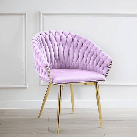 SERENITà Pink Modern Velvet Dining Chairs, Upholstered Living Room Chair with Woven Back and Golden Metal Legs, Mid-Century Accent Set of 2