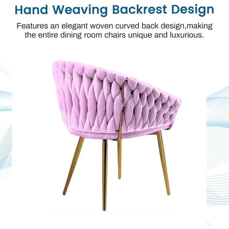 SERENITà Pink Modern Velvet Dining Chairs, Upholstered Living Room Chair with Woven Back and Golden Metal Legs, Mid-Century Accent Set of 2