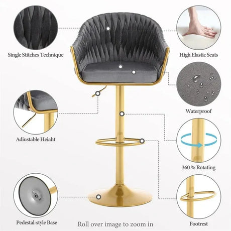 SERENITà GP1863 Modern Velvet Breakfast Bar Stools Swivel Barstools Adjustable Counter Stools with Backrest (Gold-Grey)