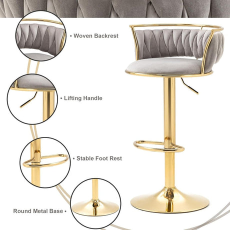 SERENITà Golden Swivel Upholstered Velvet Adjustable Height Counter Stool with Metal Frame Grey (Set of 2)