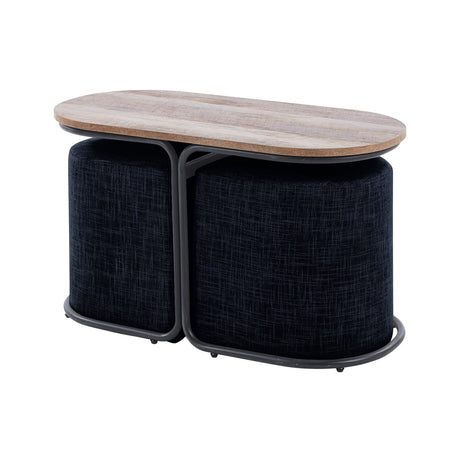 3 Piece Set Coffee Table & Ottoman Wood Side End Table Industrial - Black