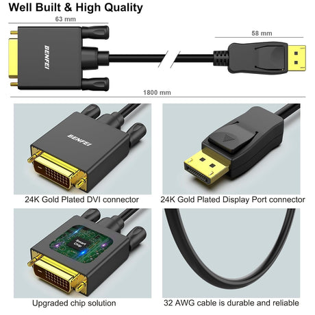 BENFEI 000125BK-10F DisplayPort to DVI Cable Male-Male Gold-Plated Cord Cable 3Mlated