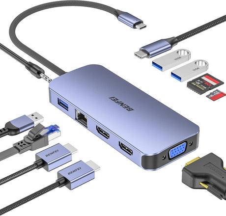 BENFEI 000359GY  11-in-1 USB C Hub Triple Display Docking Station Dual HDMI, VGA, 3xUSB 3.0, 10Gbps