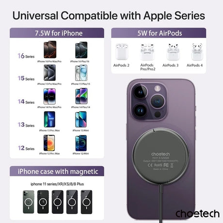 CHOETECH T697-F 15W/7.5W/5W magnetic charger for iPhone, Air Pods and more 1.5M Black