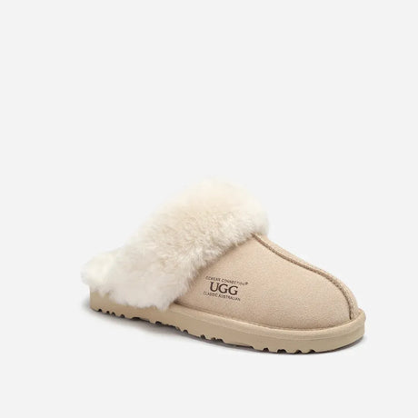 Ugg Slippers Premium Australia Sheepskin Unisex Scuffette Suede (Unisex Cow Suede) (SAND, EU43)