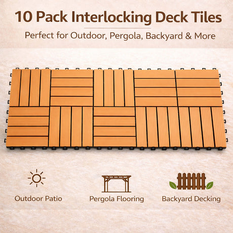 10PCS Interlocking Patio Deck Tiles 30cm x 30cm Outdoor Wood Flooring for Patio Garden Balcony Poolside