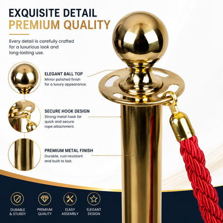 Gold Queue Barrier Stanchion Set of 2 with Red Velvet Rope Crowd Control Bollards