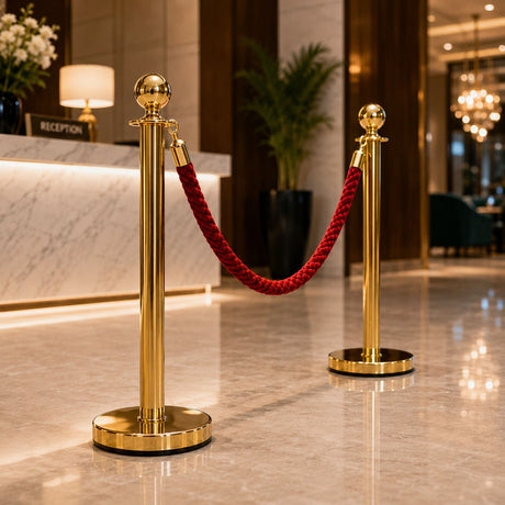 Gold Queue Barrier Stanchion Set of 2 with Red Velvet Rope Crowd Control Bollards